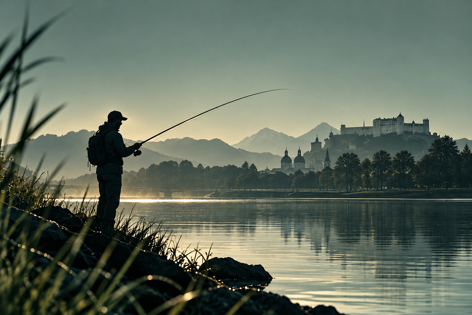 Angler an der Salzach mit der Festung Hohensalzburg im Hintergrund